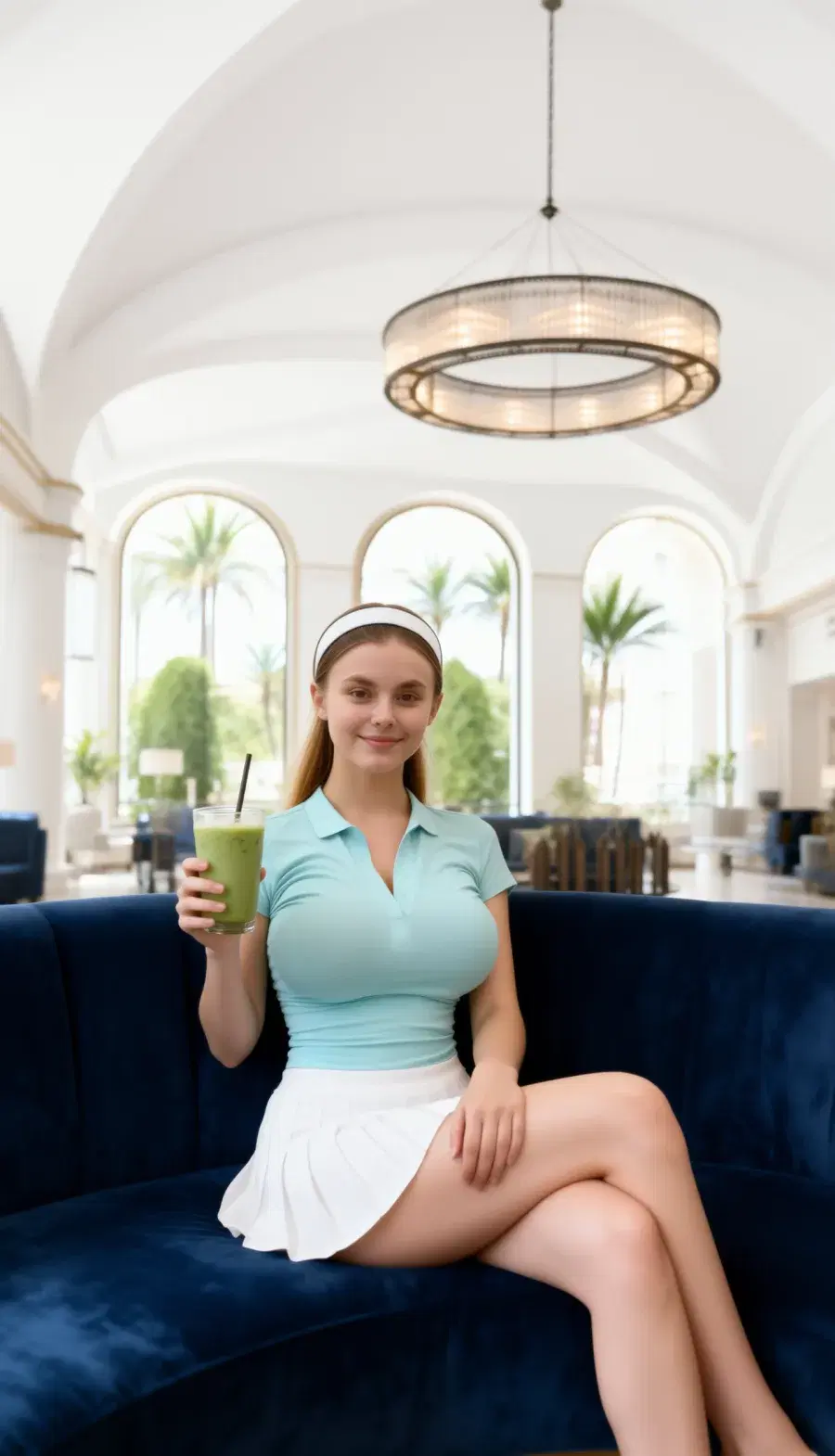Zofia with a matcha in a hotel lounge.
